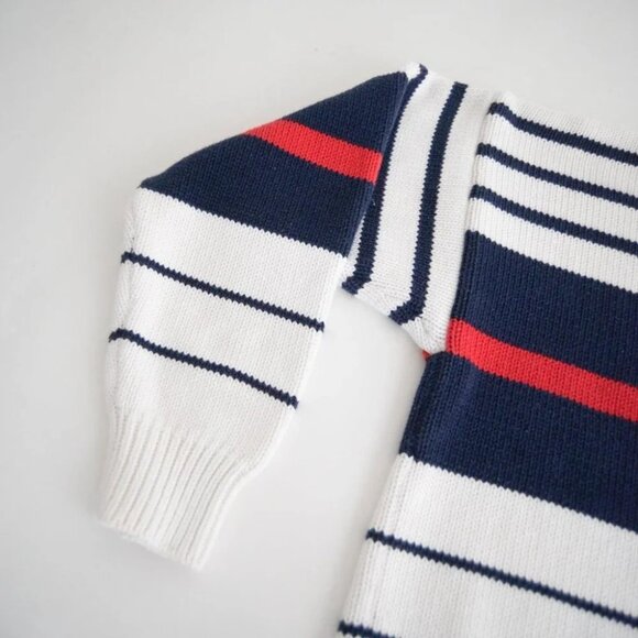 Vintage Eddie Bauer White with Red and  Blue Stripes Knit Crewneck Sweater L - Picture 9 of 11